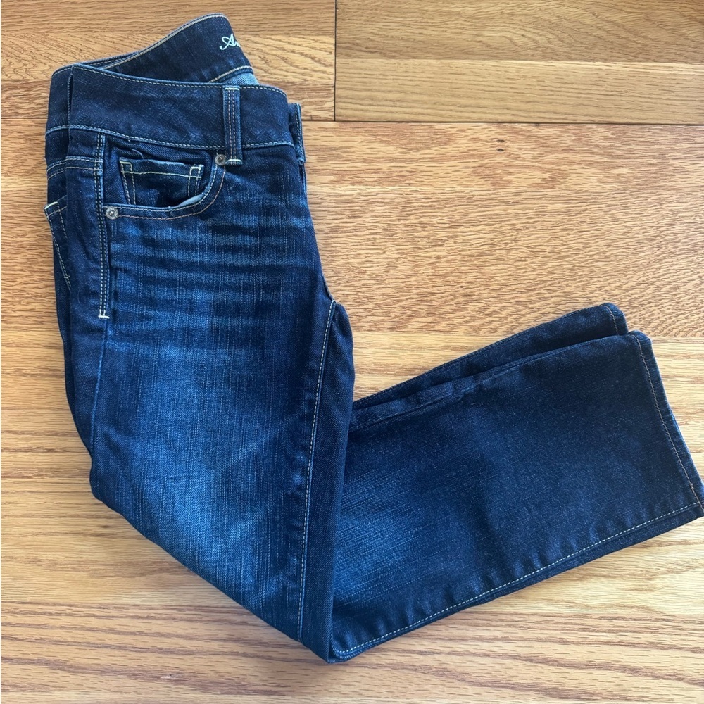 American Eagle Deep Indigo Stretch Artist Jeans Comfort Slight Distressing SZ 00 - Picture 4 of 9